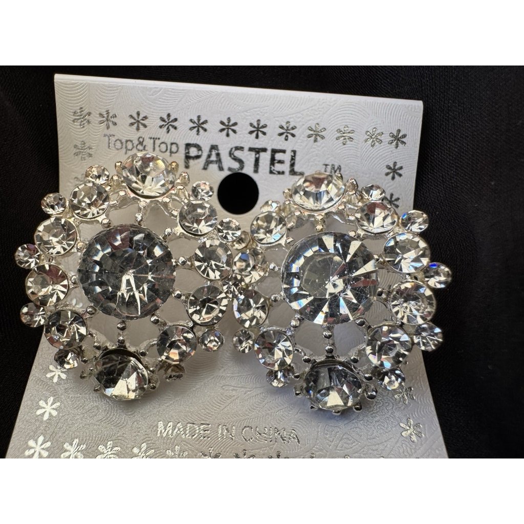 Pastel Curved Cz Stone Crystal Silvertone Rhinestone Earrings Party New